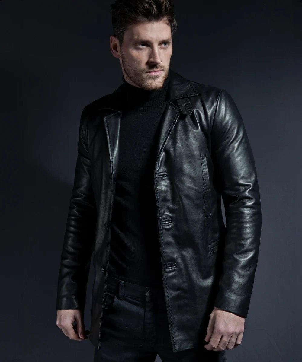 Model wearing Max Payne black leather coat with slim fit vintage styling open shot.