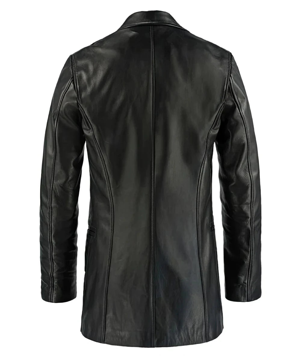 Back view of Max Payne black leather coat with slim fit vintage styling and clean rear silhouette