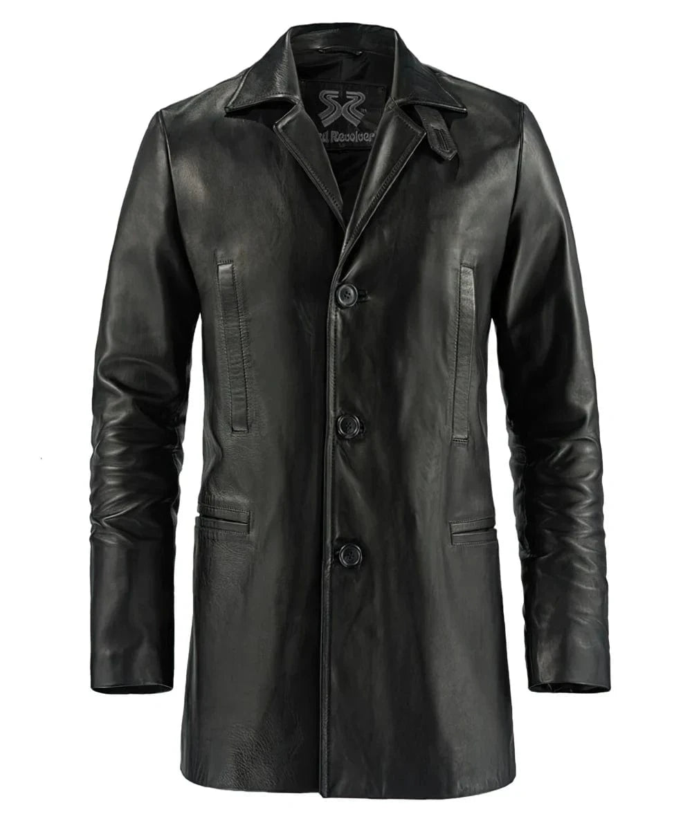 Max Payne black leather coat with slim fit vintage styling and classic noir inspired design