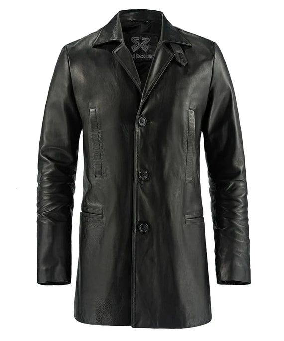 Max Payne black leather coat with slim fit vintage styling and classic noir inspired design