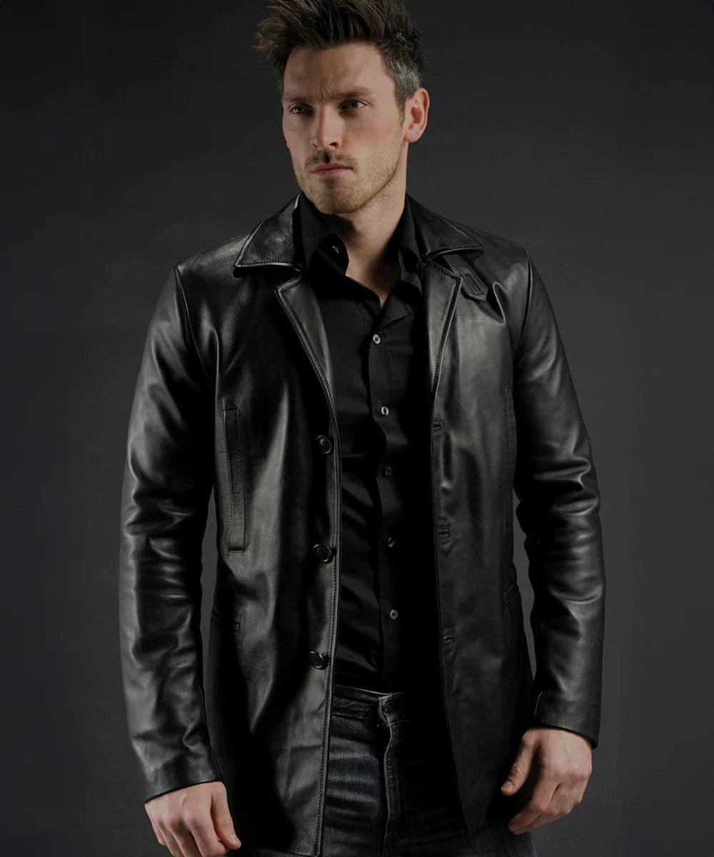 Model wearing Max Payne black leather coat with slim fit vintage styling and classic noir inspired design