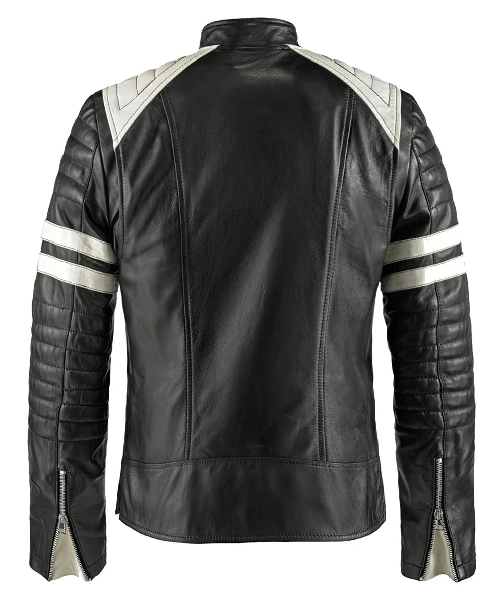 Back view of Mayhem Fight Club black leather jacket with slim fit vintage biker styling inspired by Tyler Durden