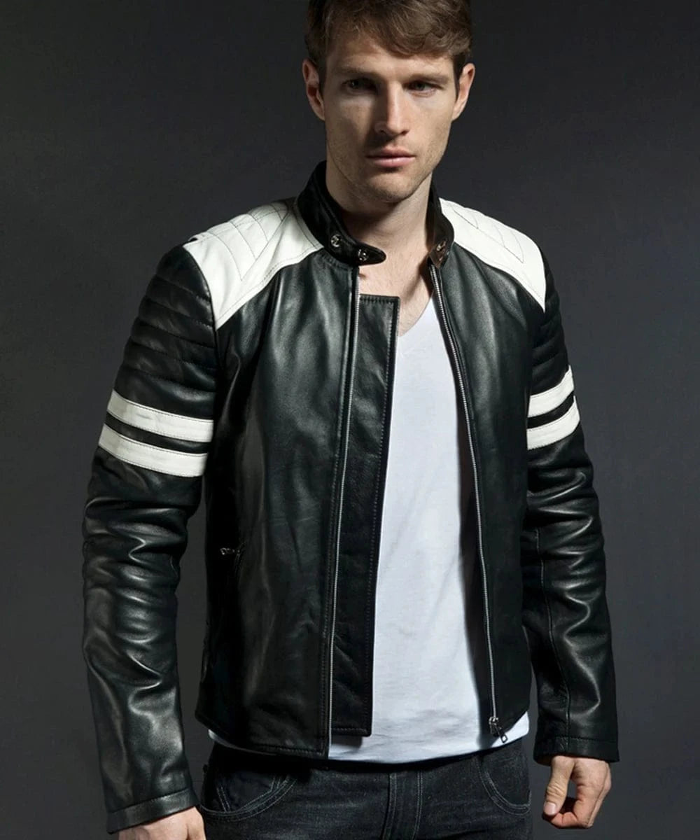 Model wearing Mayhem Fight Club black leather jacket with slim fit vintage biker styling
