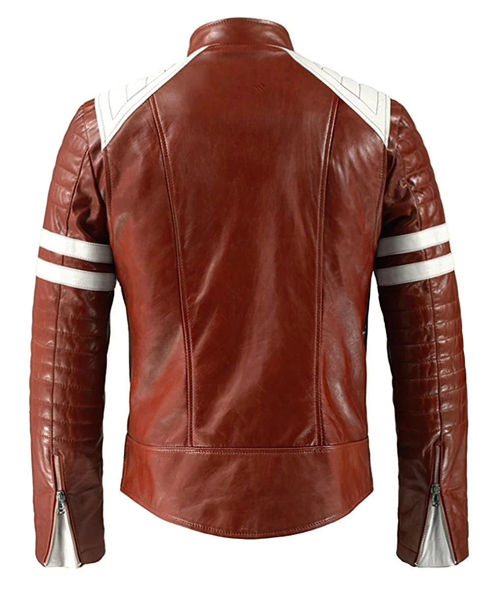 Back view of Mayhem Fight Club film red leather jacket with slim fit vintage biker styling inspired by Brad Pitt