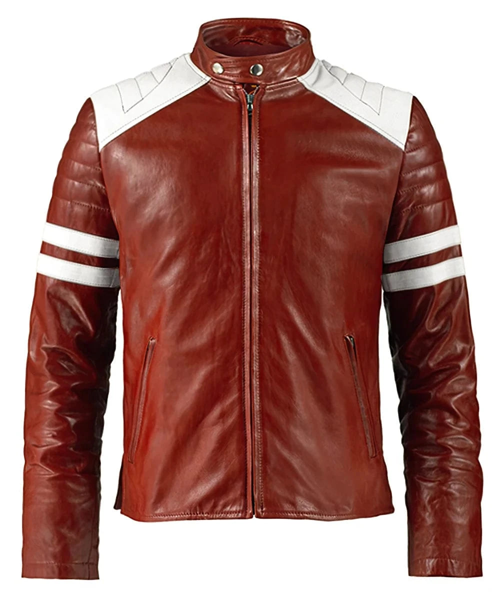 Mayhem Fight Club film red leather jacket with slim fit vintage biker styling inspired by Brad Pitt