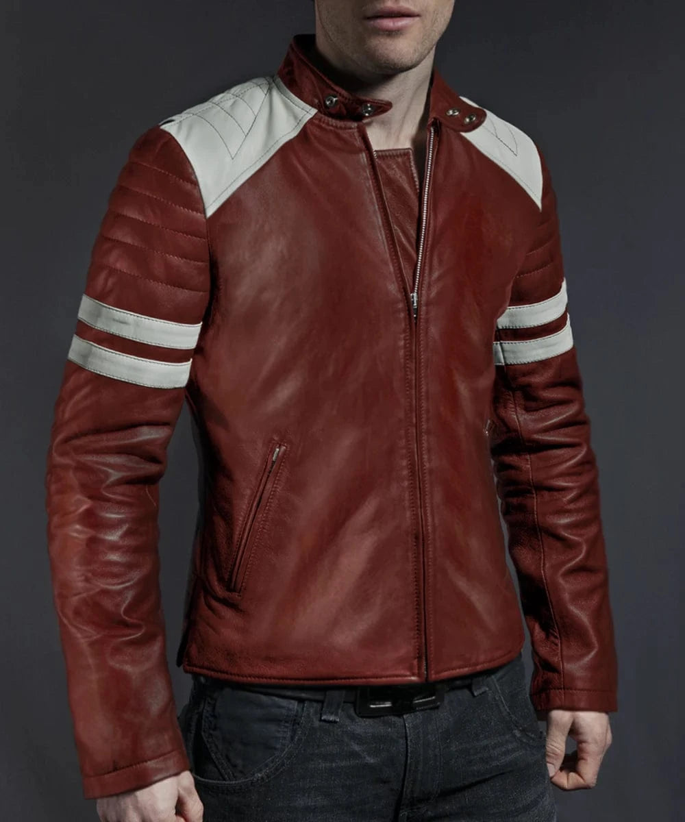 Model wearing Mayhem Fight Club film red leather jacket with slim fit vintage biker styling inspired by Brad Pitt