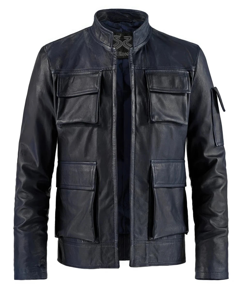 Front view of vintage blue leather jacket with slim fit military styling and utility pocket detailing