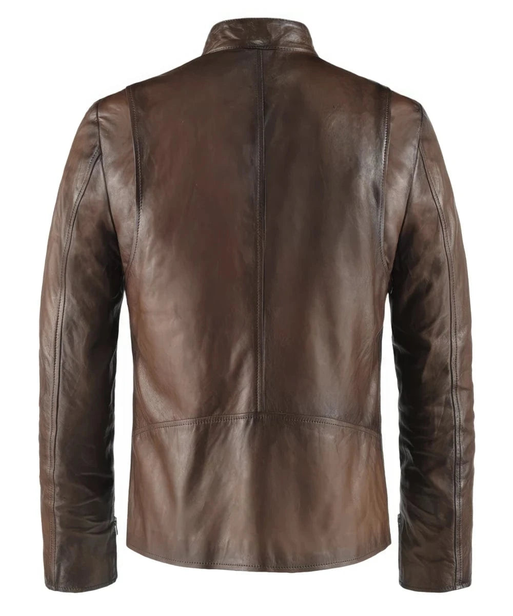 Back view of Iron Man brown leather jacket with slim fit cafe racer styling and clean rear design