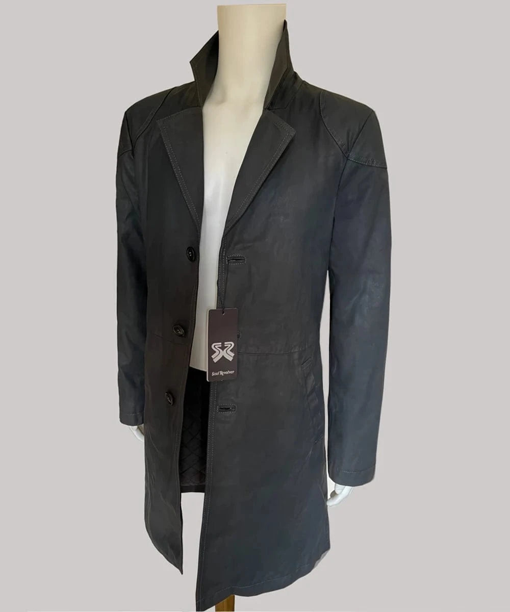 Angled view of green Billy Butcher inspired coat from The Boys