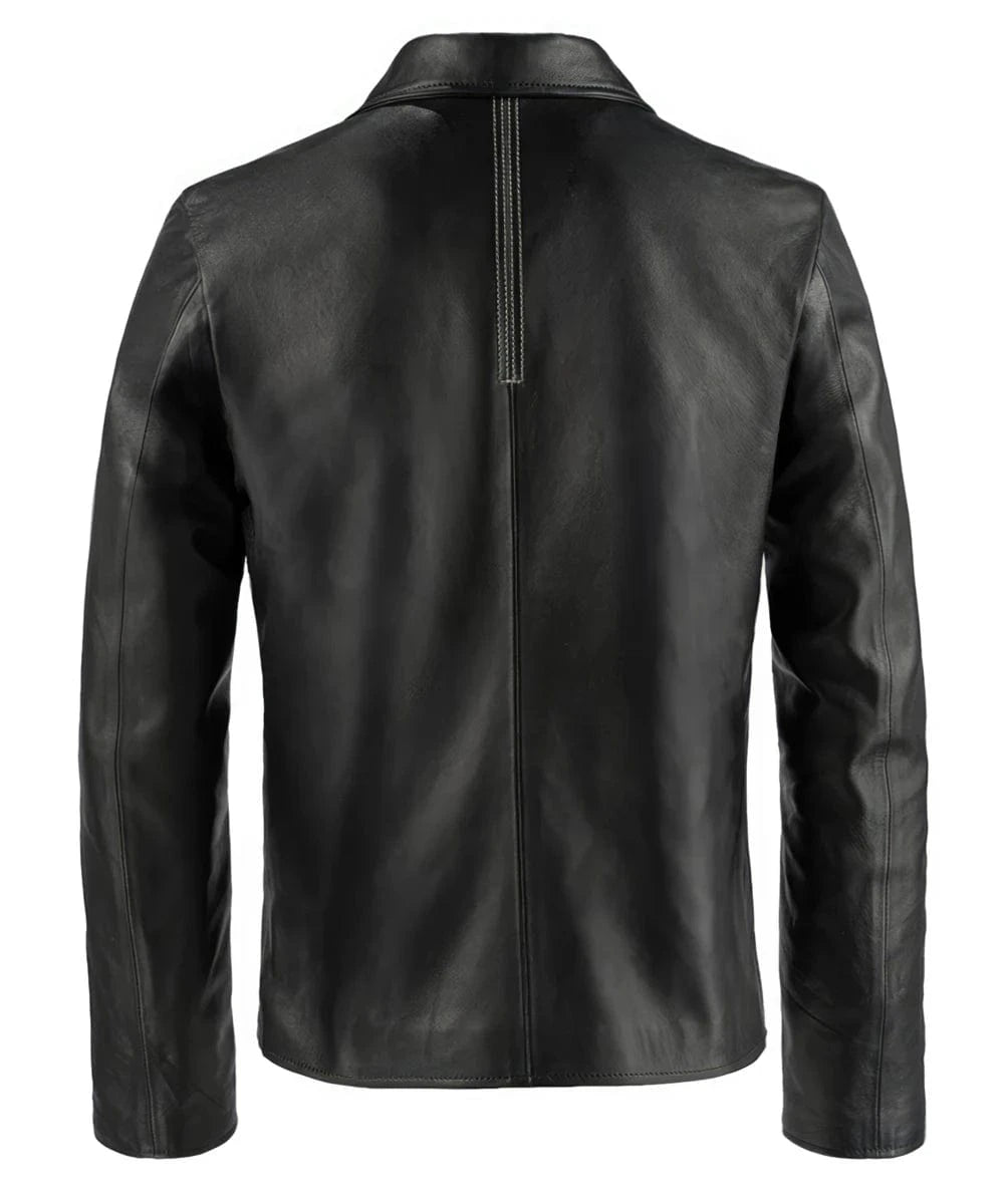 Rear view of the black leather Layer Cake jacket featuring a slim fit silhouette, clean vintage styling, minimalist seam detailing, and a center back stitched panel beneath the collar