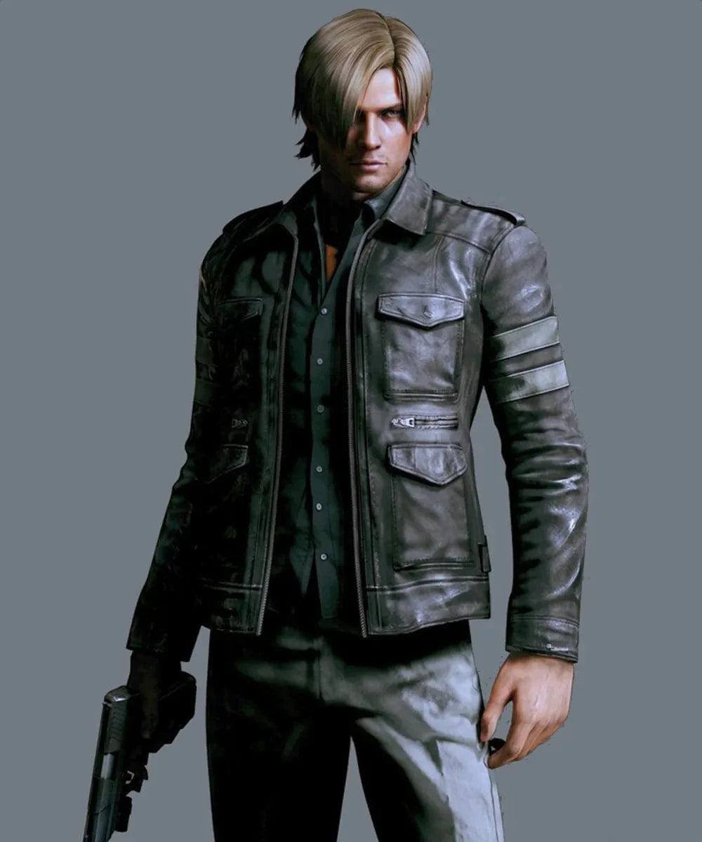 Leon Kennedy wearing Resident Evil black leather jacket with slim fit military styling and contrast arm stripe detailing
