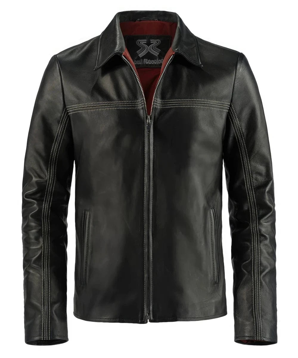 Black leather Layer Cake jacket with slim fit styling, vintage inspired collar, zip front closure, contrast stitching, and clean minimalist detailing