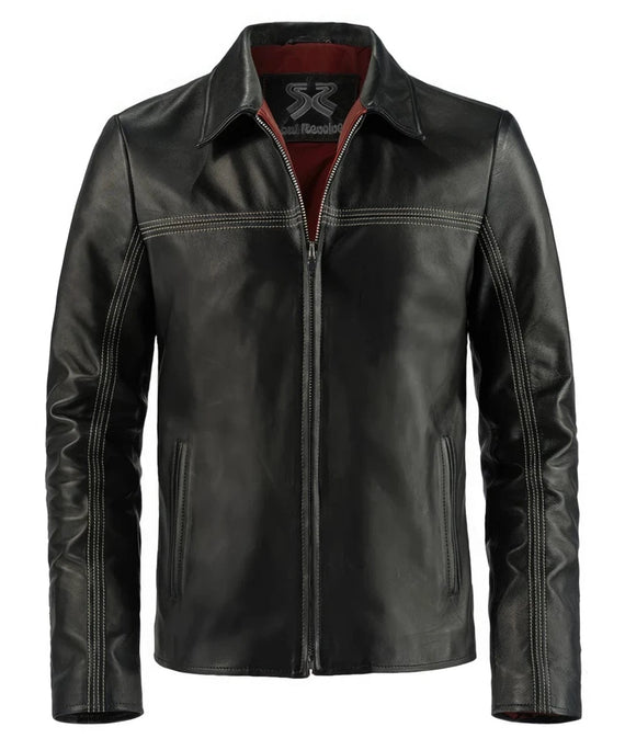 Black leather Layer Cake jacket with slim fit styling, vintage inspired collar, zip front closure, contrast stitching, and clean minimalist detailing