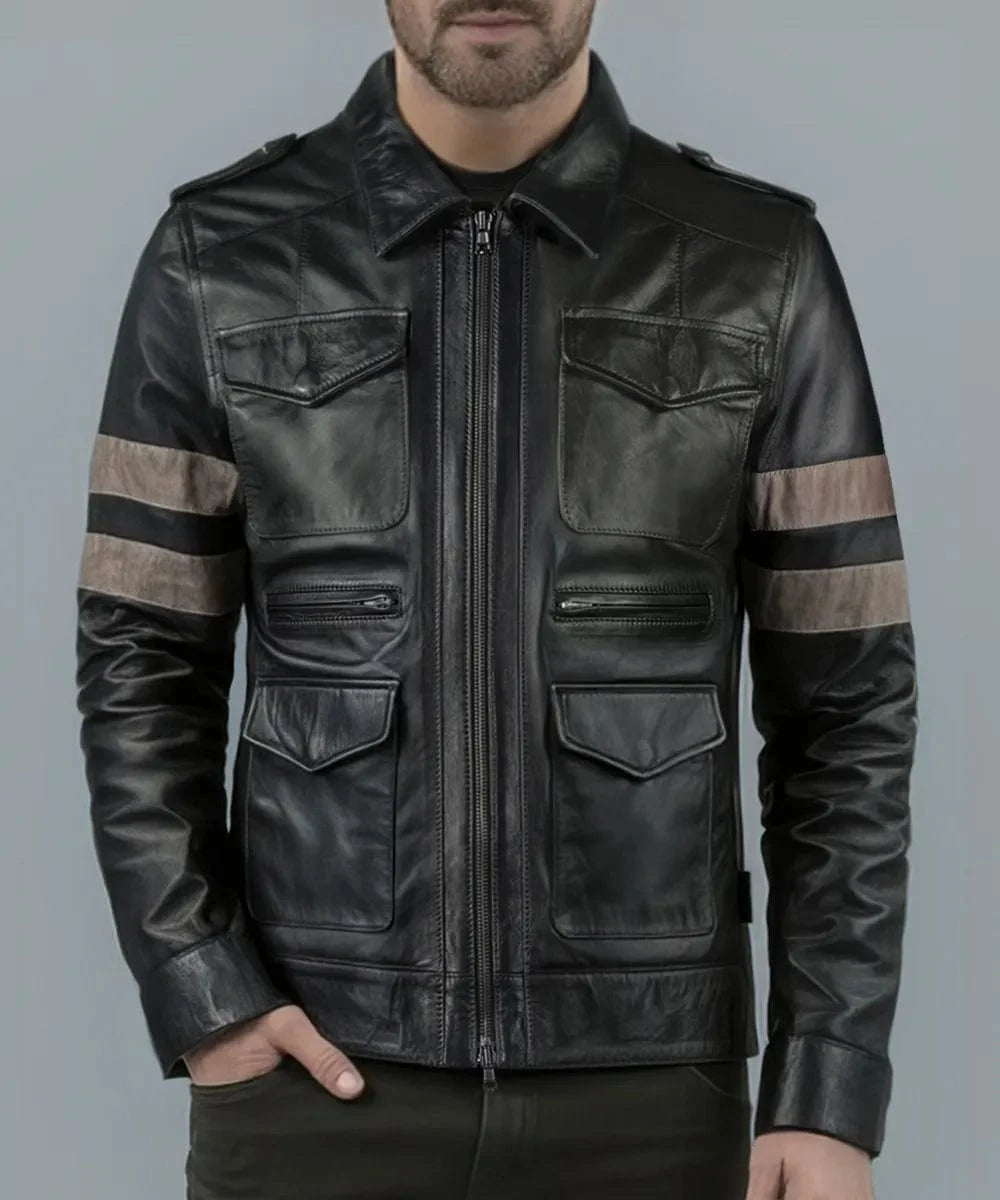 Model wearing Resident Evil Leon Kennedy black leather jacket with slim fit military styling and contrast arm stripe detailing