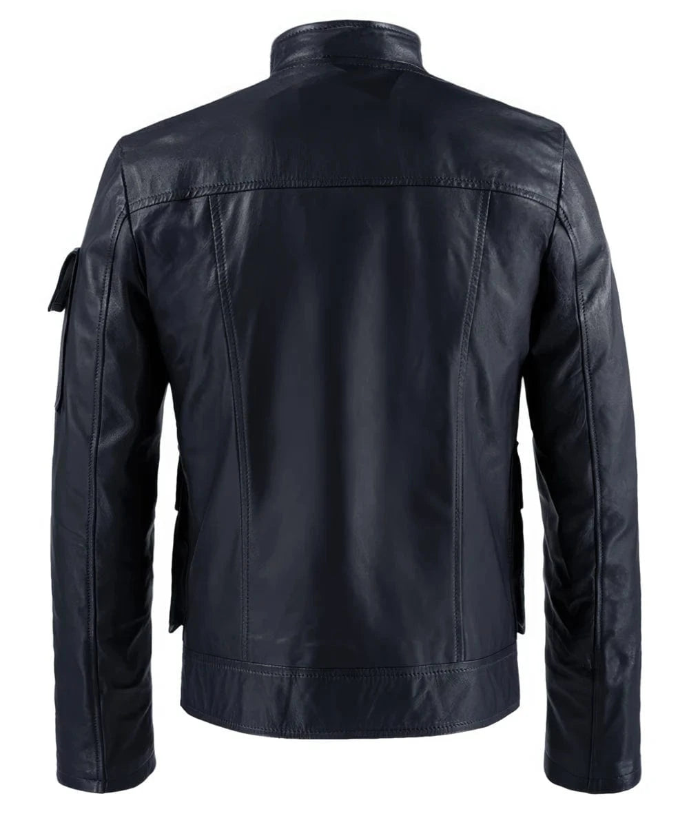 Back view of vintage blue leather jacket with slim fit military styling and utility pocket detailing
