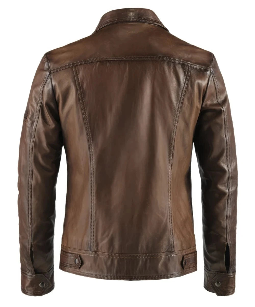 Back view of vintage slim fit brown leather jacket with retro pointed collar styling and clean rear silhouette