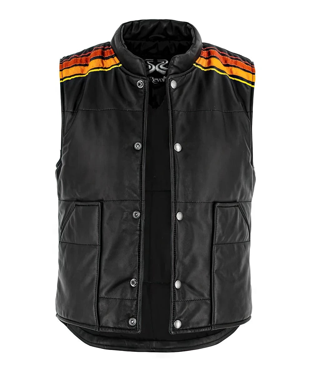 Front view of Tyler Durden Fight Club black leather vest with distressed detailing and shoulder stripe accents