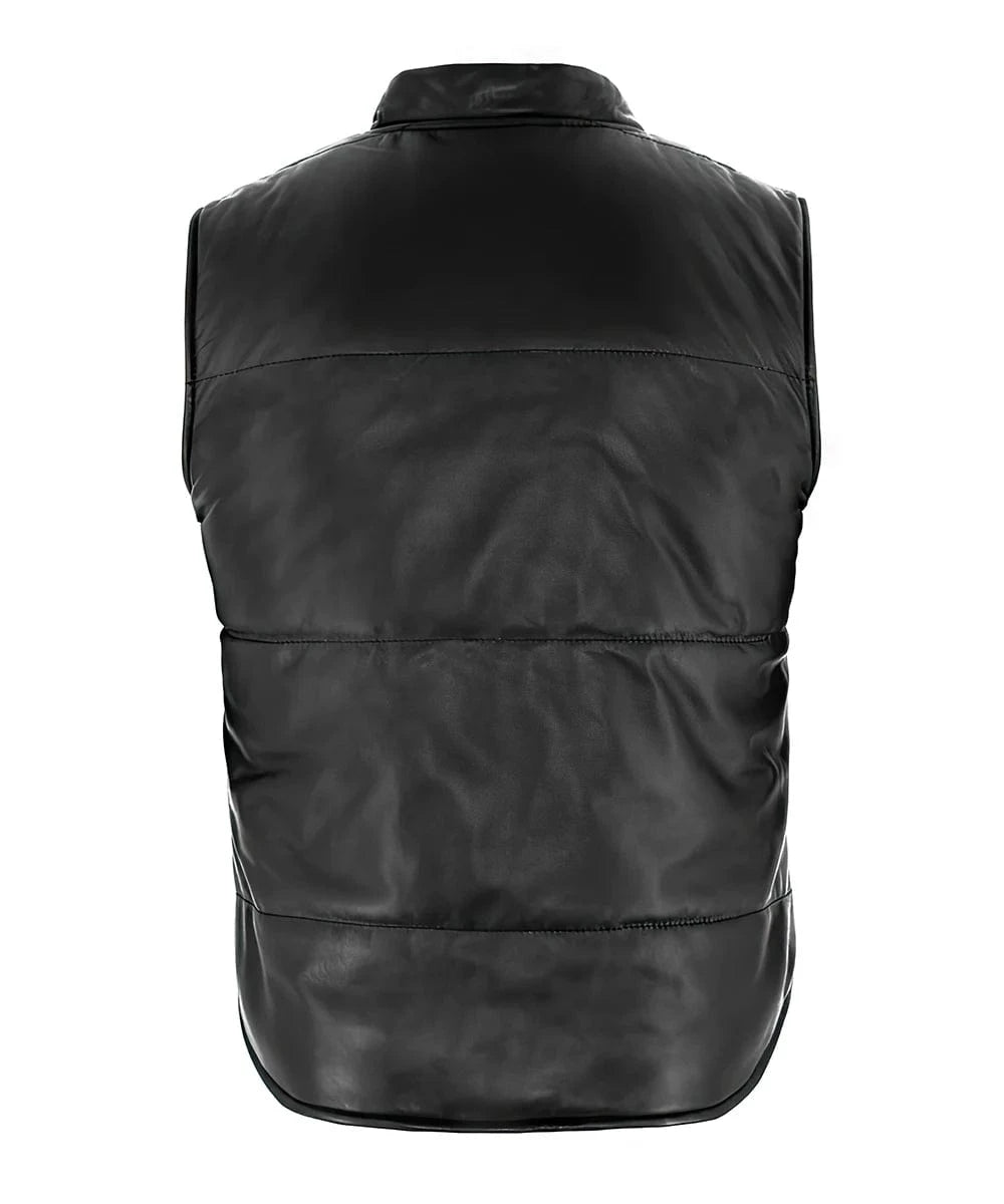 Back view of Tyler Durden Fight Club black leather vest with stripe styling