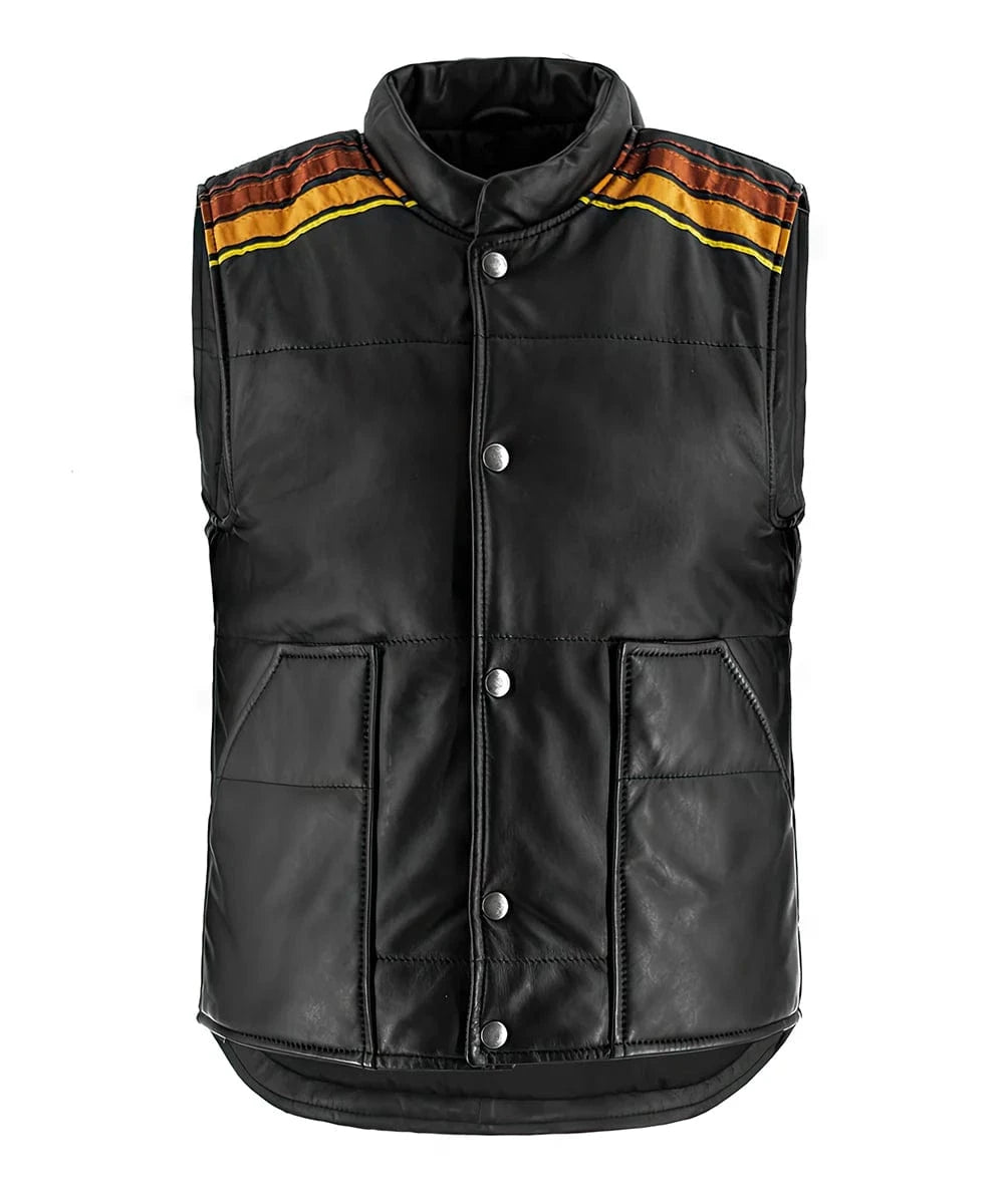 Front view of Tyler Durden Fight Club black leather vest with shoulder stripe accents