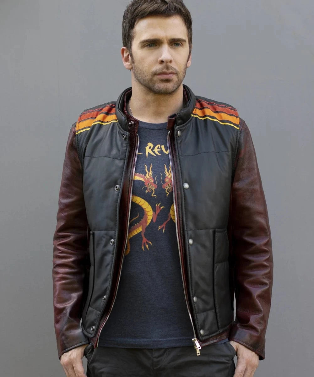 Model wearing Tyler Durden Fight Club black leather vest layered over red leather jacket