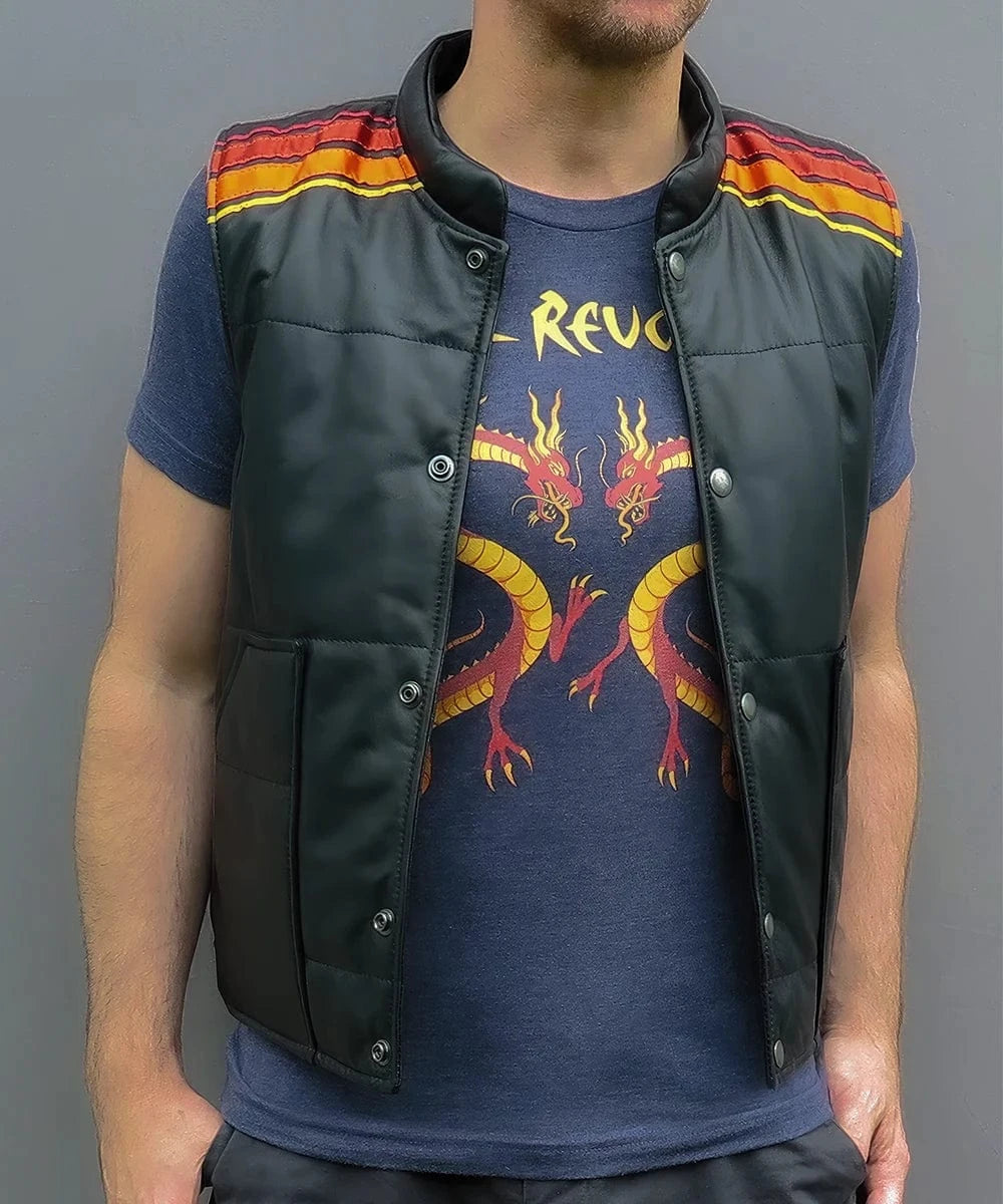 Model wearing Tyler Durden Fight Club black leather vest with cotton stripes