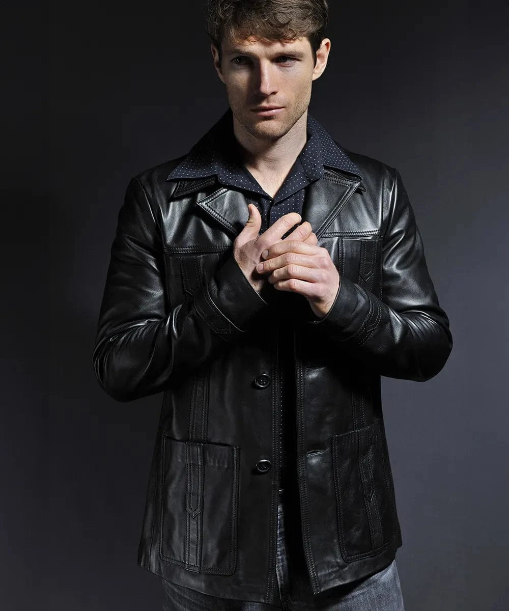 Male model wearing a premium black leather Life on Mars jacket in a modern slim fit with vintage wide collar, button front closure, and retro 1970s inspired detailing