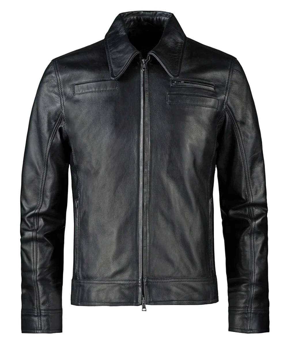 Looper black leather jacket with slim fit vintage styling