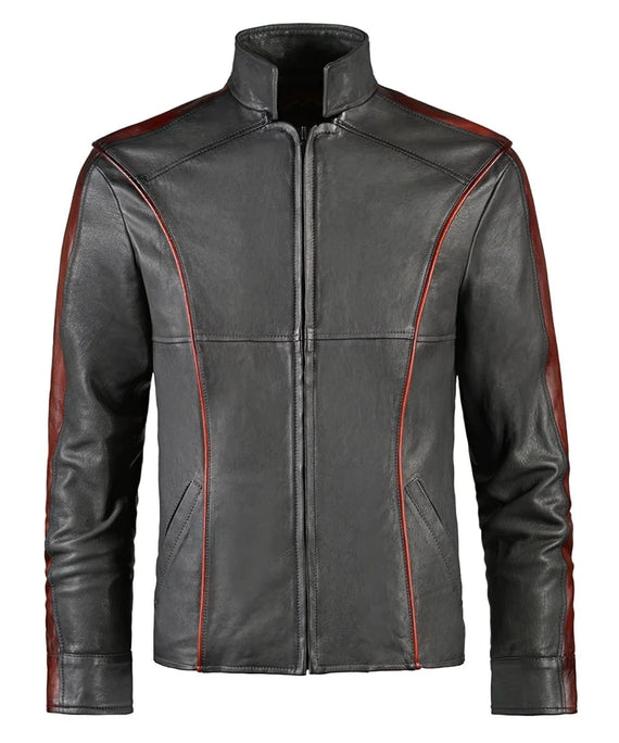 Mass Effect grey leather jacket with slim fit futuristic styling and contrast red piping detail