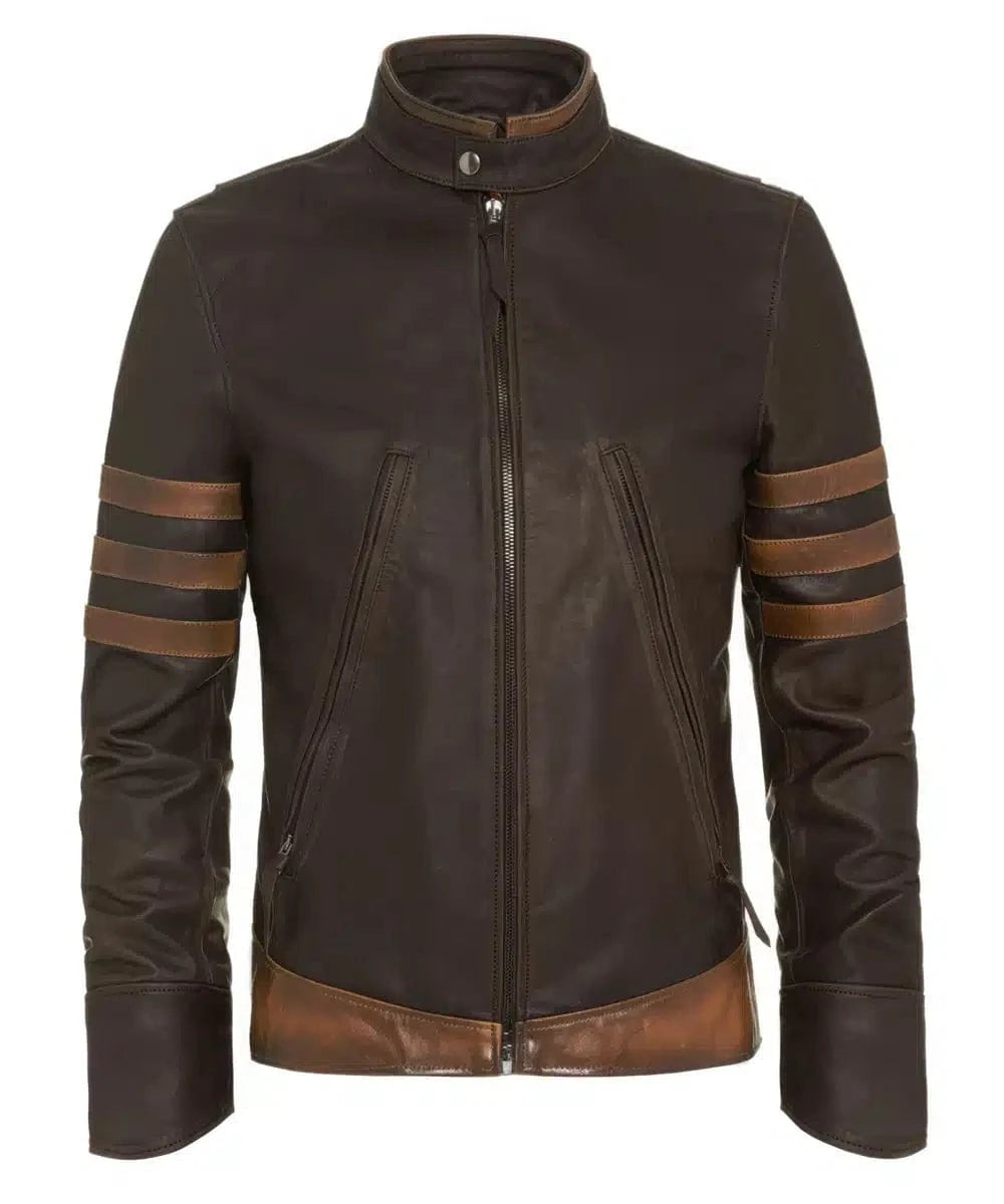 Origins brown calf leather jacket with slim fit vintage biker styling and contrast racing stripe detailing