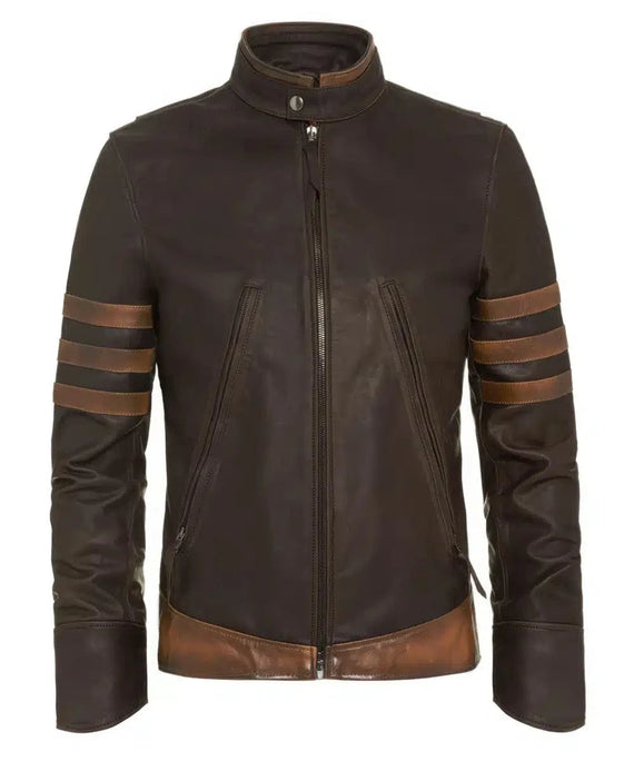 Origins brown calf leather jacket with slim fit vintage biker styling and contrast racing stripe detailing