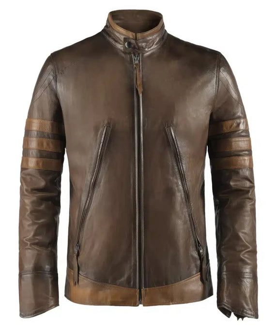 Origins brown leather jacket with slim fit vintage biker styling and contrast racing stripe detailing
