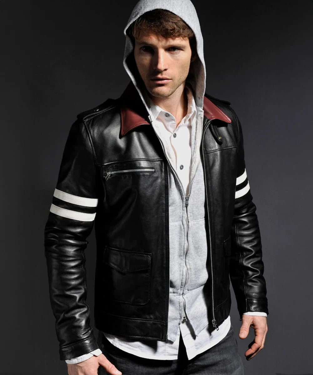 Model wearing Prototype Alex Mercer black leather jacket with modern slim fit styling, contrast collar detailing