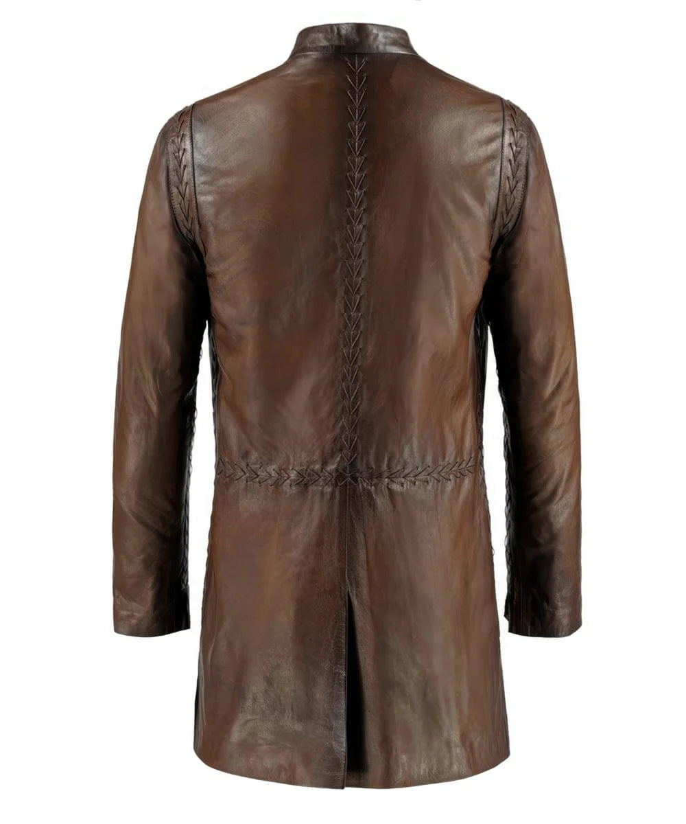 Back view of Ranger Aragorn Lord of the Rings brown leather duster with slim fit medieval styling and decorative stitched detailing