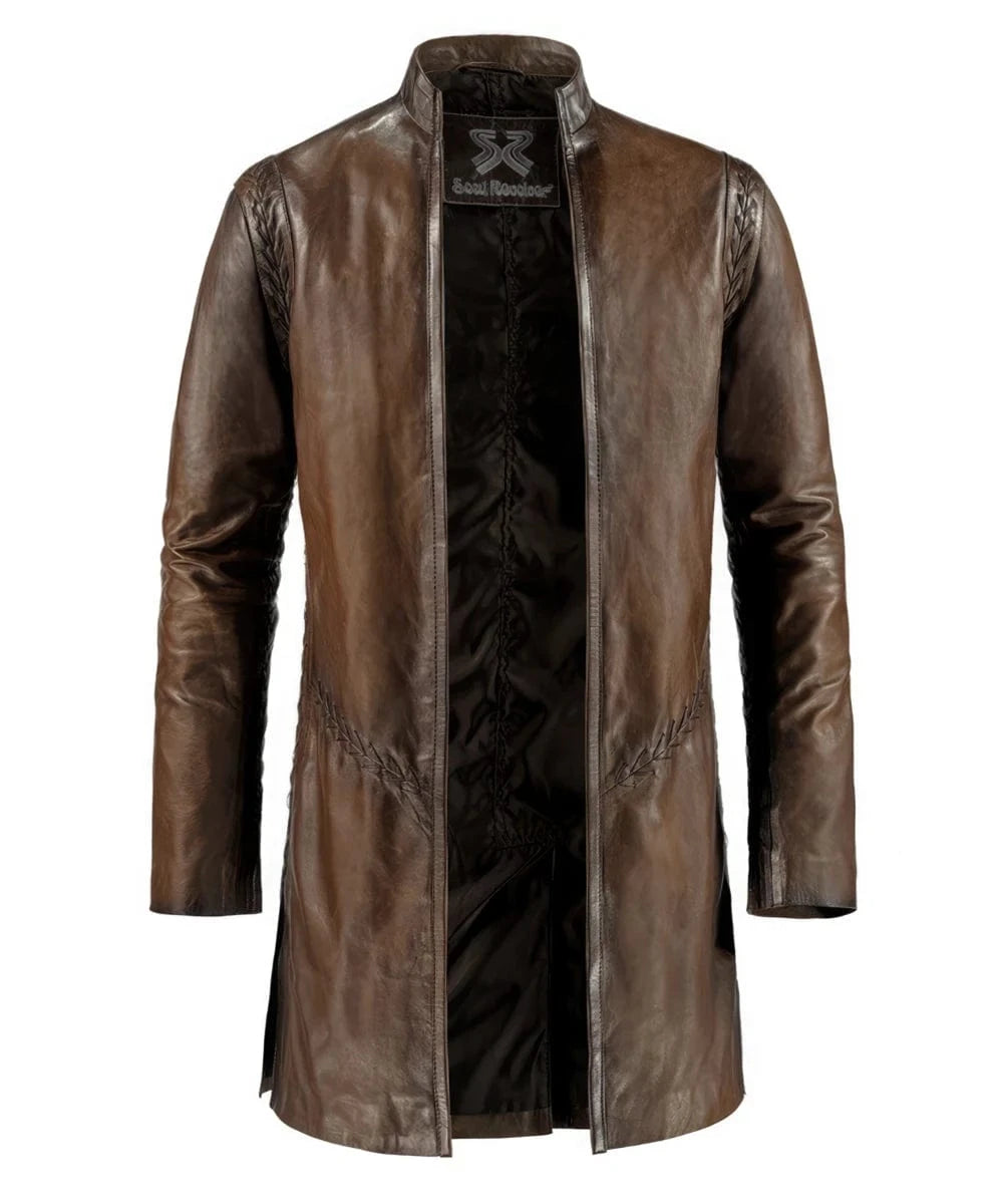 Ranger Aragorn Lord of the Rings brown leather coat with slim fit medieval styling and weathered fantasy inspired design
