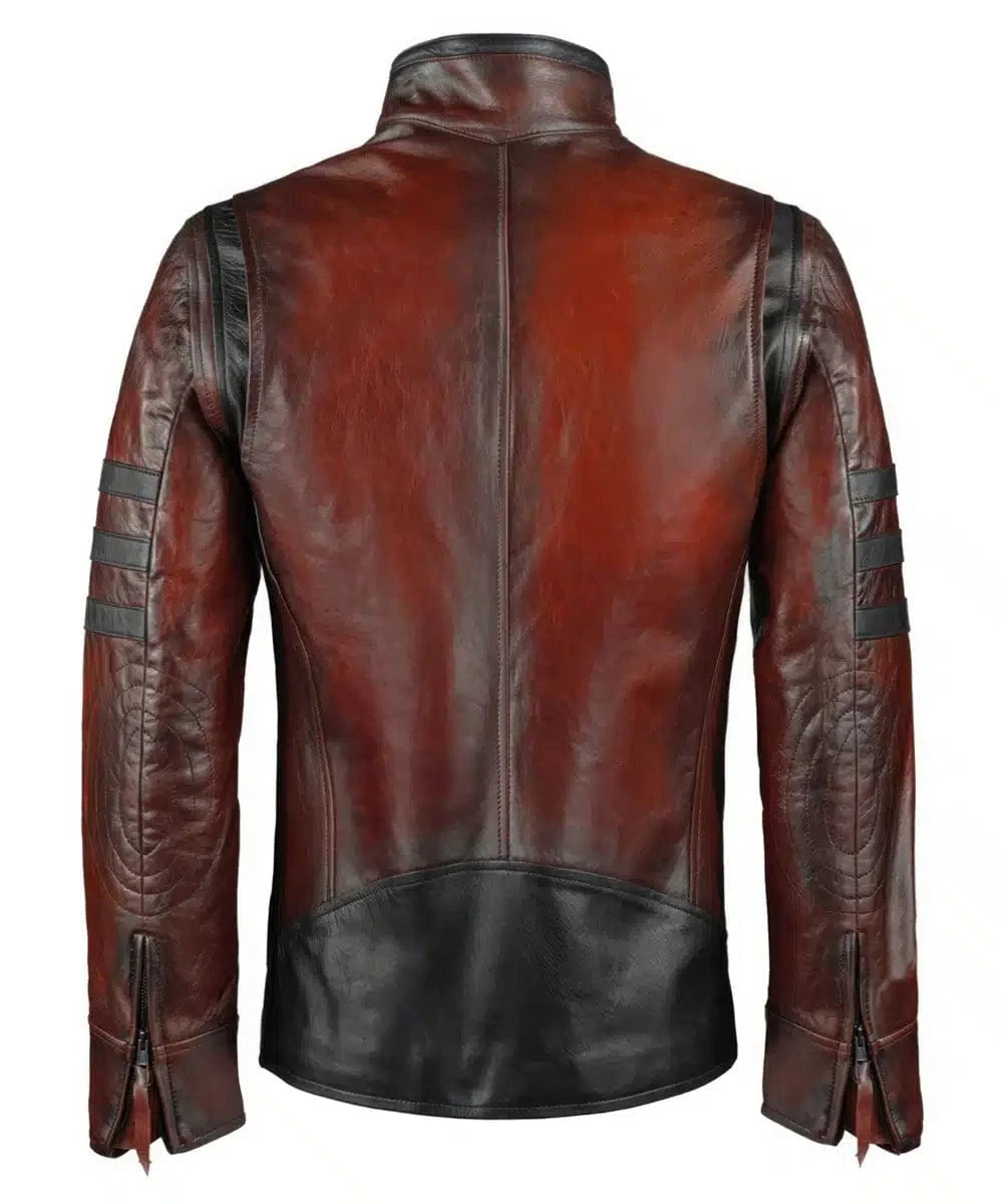 Back view of Origins red leather jacket with slim fit vintage biker styling and contrast racing stripe detailing