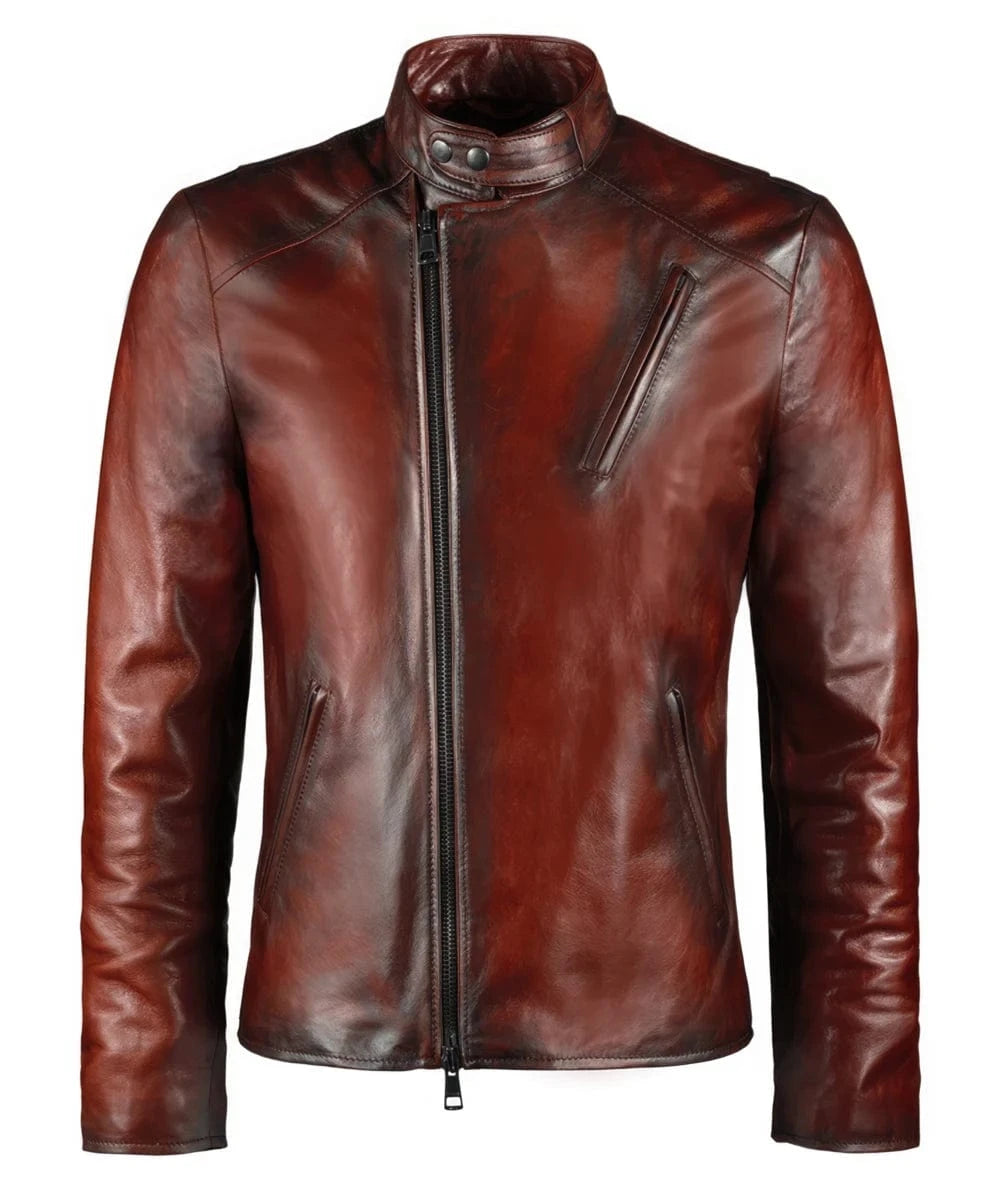 Iron Man vintage style slim fit red leather cafe racer jacket with angled zip chest pocket detailing and biker inspired styling