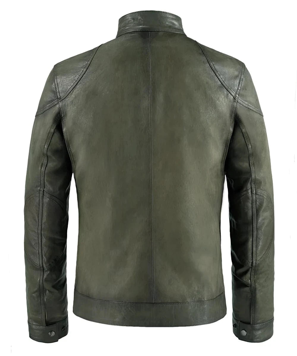 Mens Olive Green Leather Jacket - Wesley back view