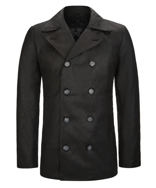 Front view of men's black pea coat jacket with slim fit styling and classic navy inspired design
