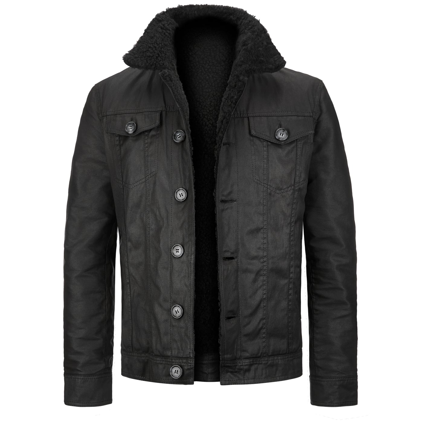 Front view of men's black cotton jacket with slim fit vintage styling, open shearling collar, and classic trucker inspired design