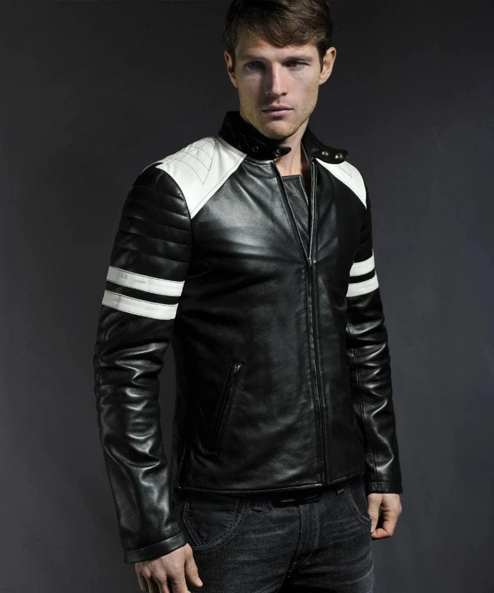 Model wearing Mayhem Fight Club film replica black leather jacket with slim fit vintage biker styling inspired by Brad Pitt
