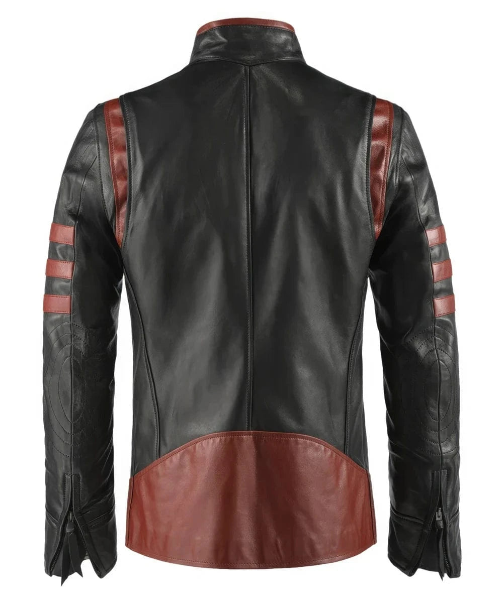 Back view of Origins replica black leather jacket with slim fit vintage biker styling and red racing stripe detailing