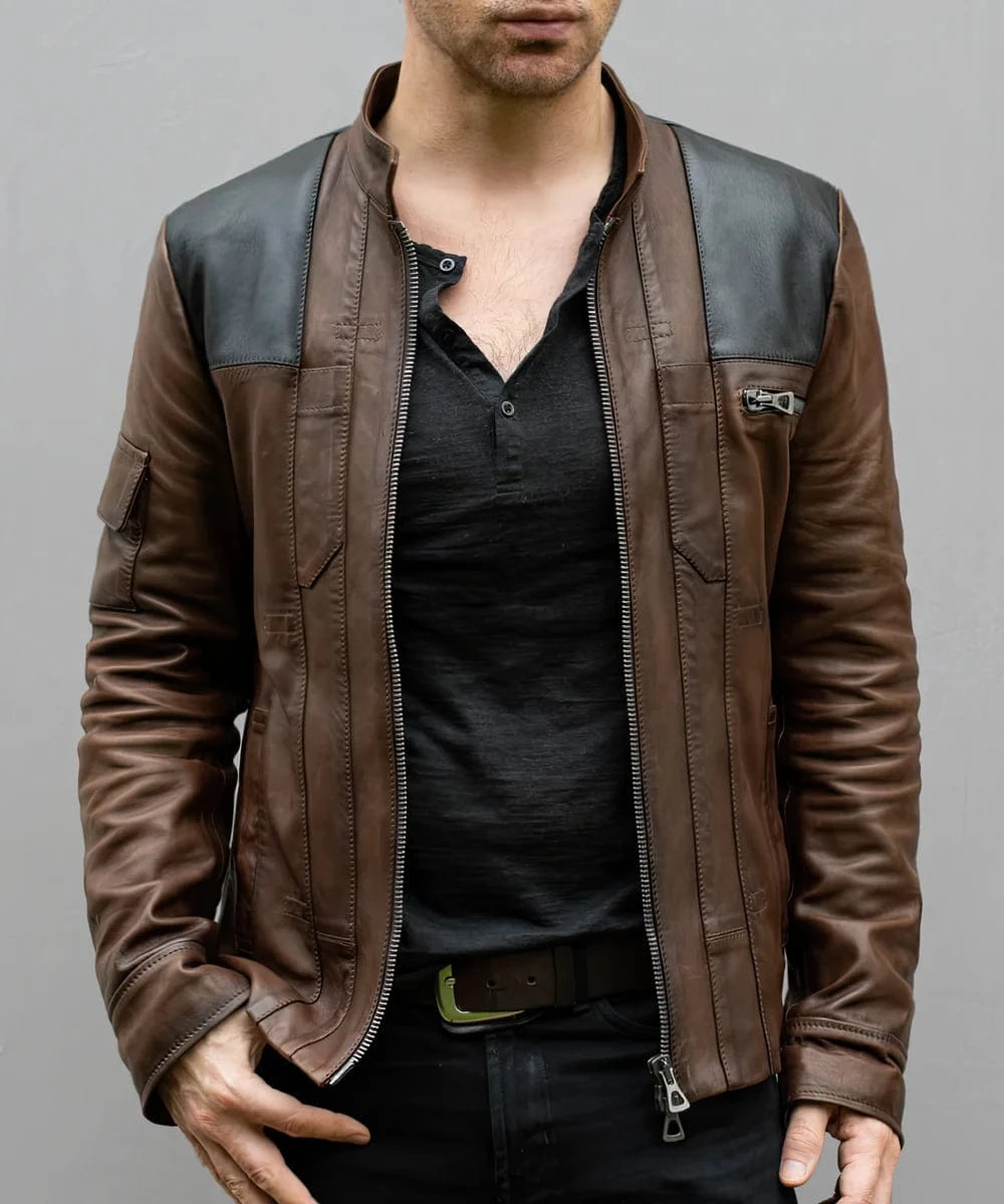 Model wearing Han Solo replica brown leather jacket with slim fit sci fi styling and contrast shoulder panel detailing