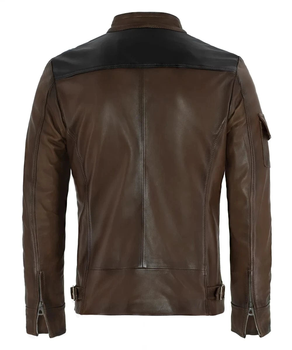 Back view of Han Solo replica brown leather jacket with slim fit sci fi styling and contrast shoulder panel detailing