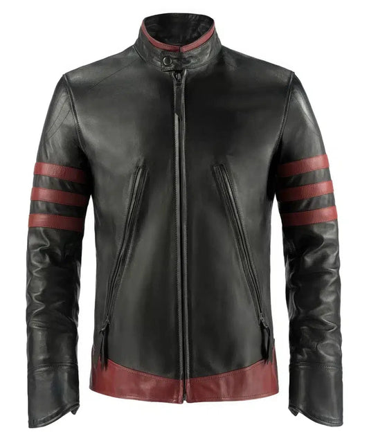 Origins black leather jacket with slim fit vintage biker styling and red racing stripe detailing