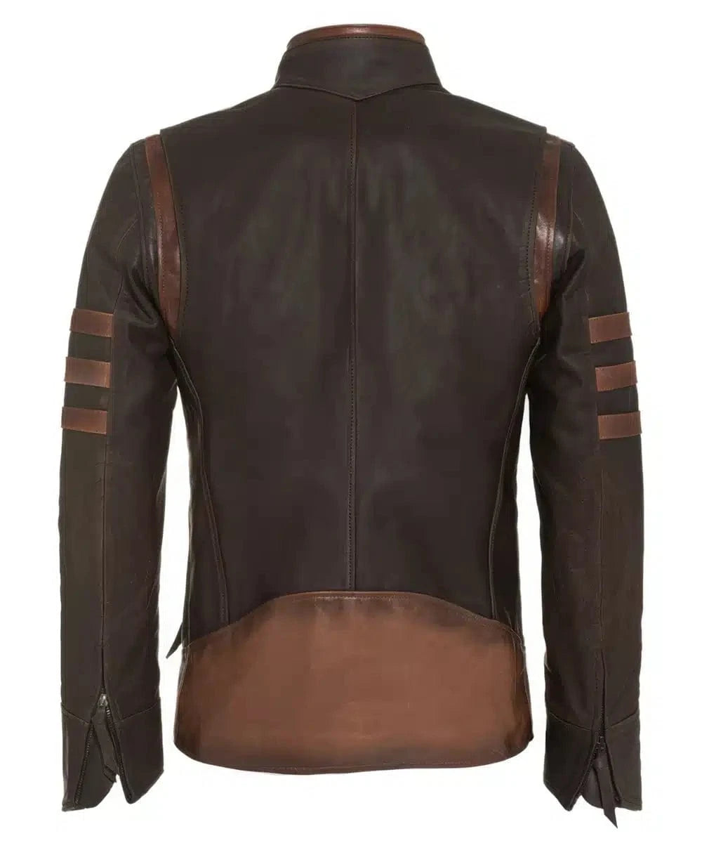 Back view of Origins brown calf leather jacket with slim fit vintage biker styling and contrast racing stripe detailing