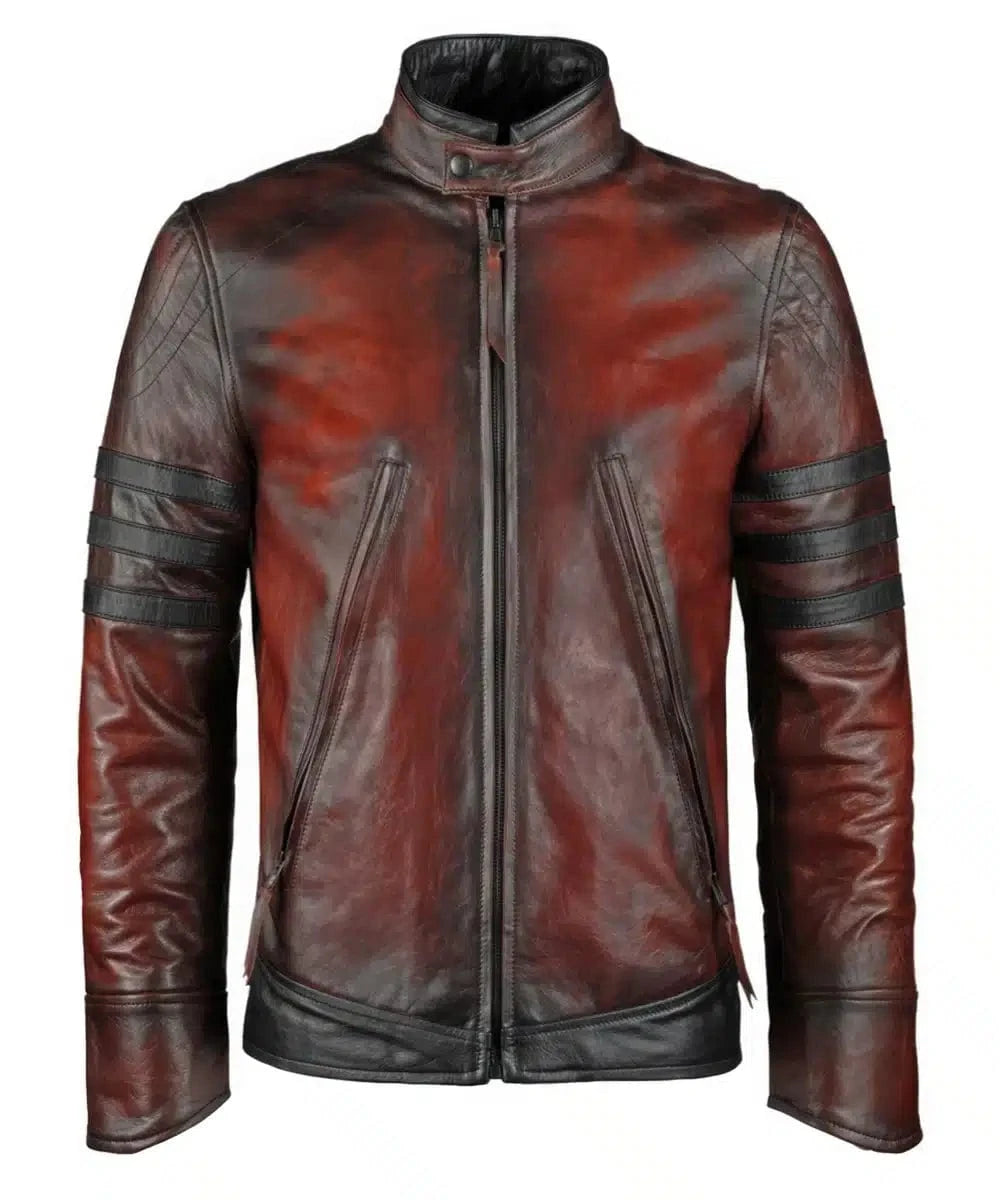 Origins red leather jacket with slim fit vintage biker styling and contrast racing stripe detailing