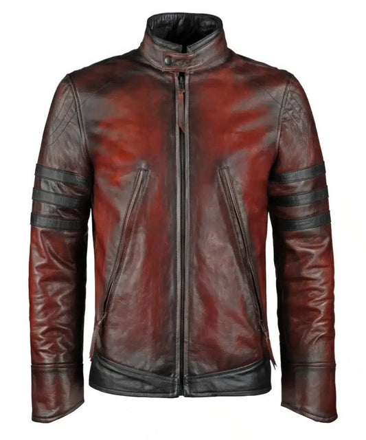 Origins red leather jacket with slim fit vintage biker styling and contrast racing stripe detailing