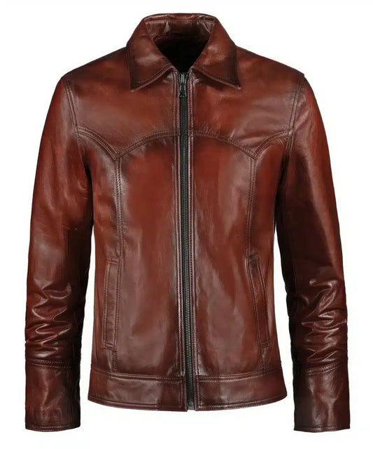 Antique red Italian men's leather jacket featuring vintage style seams and collar.