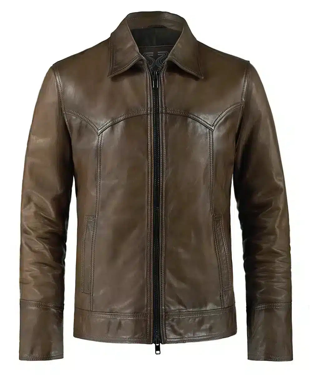 Antique Brown leather jacket for men. Tailored fit, vintage style.