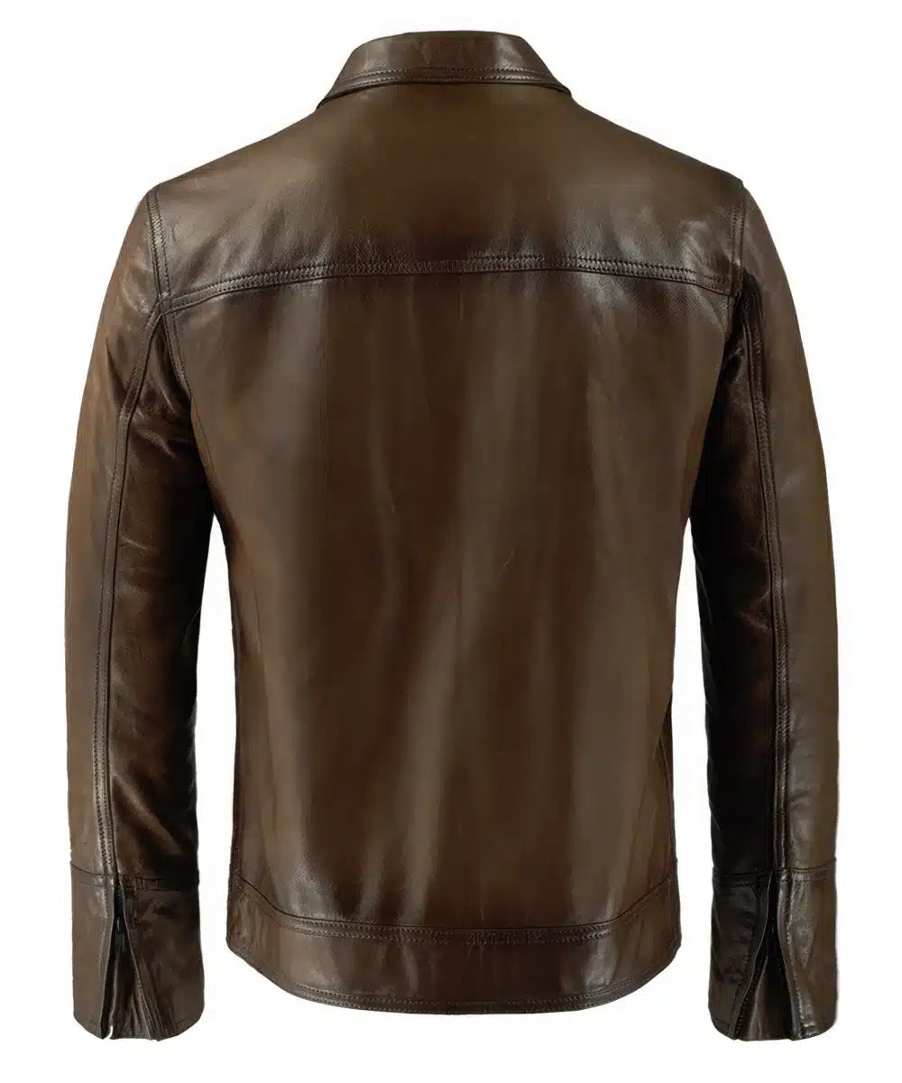 Mannequin photo of Phonics men's antique brown leather jacket with a vintage style collar.